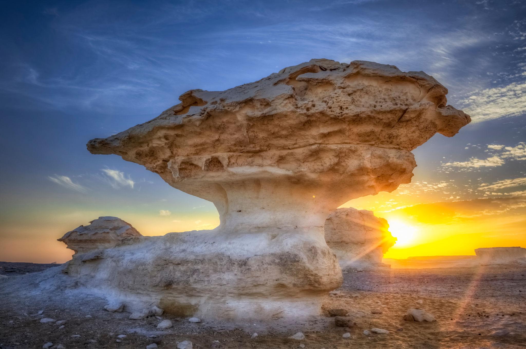A white chalk mushroom rock formation in the White Desert glowing at sunrise