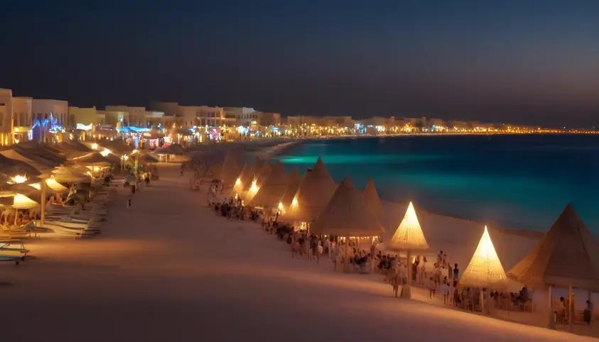 Illuminated thatched cabanas line a glowing Red Sea beach at night with crowds strolling