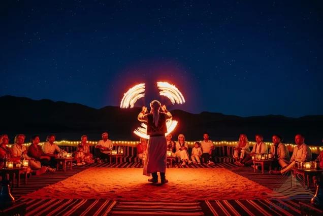 A fire dancer performs spinning flames for seated guests under a starry desert night sky