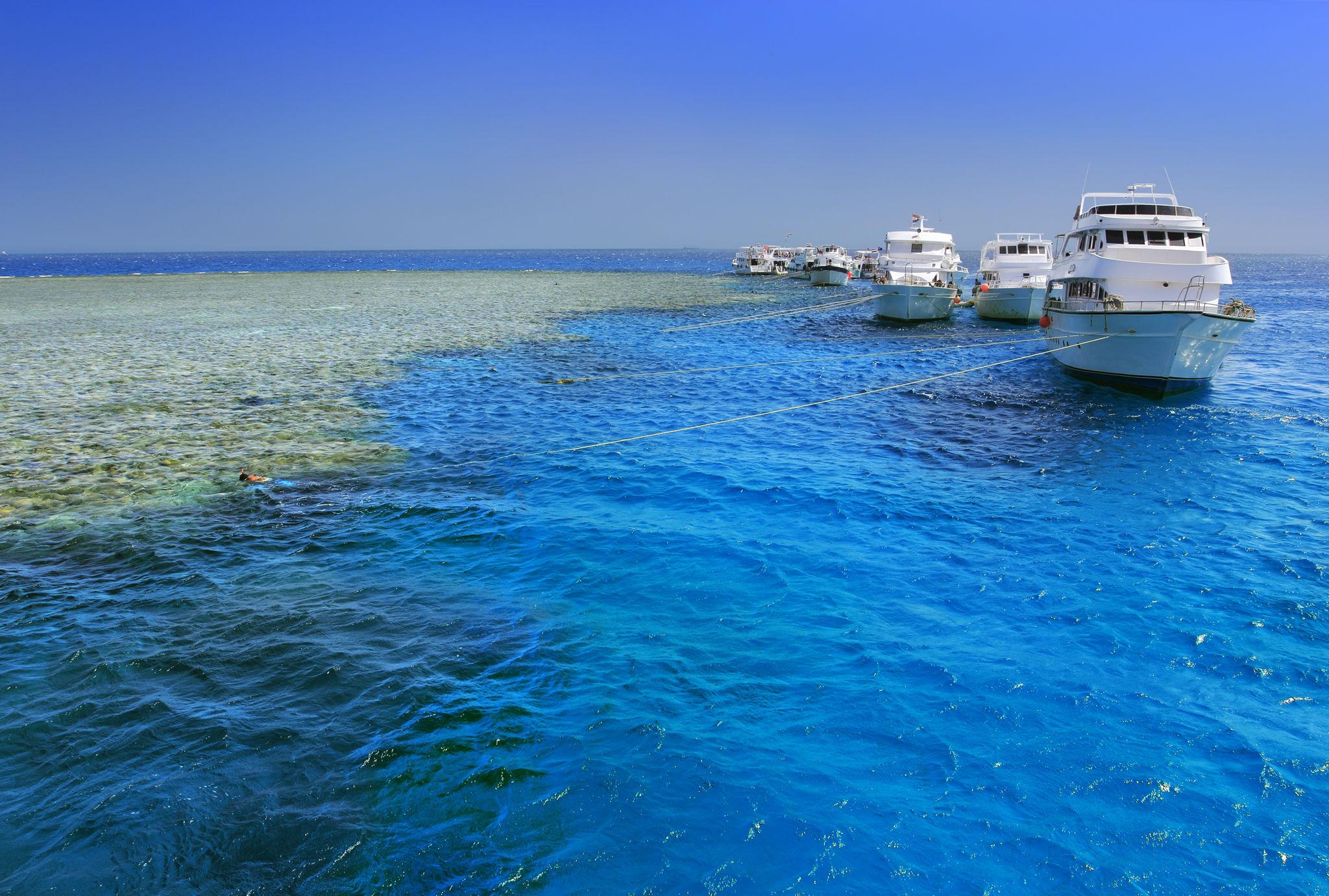 White dive boats moored beside a shallow coral reef in vivid blue Red Sea waters