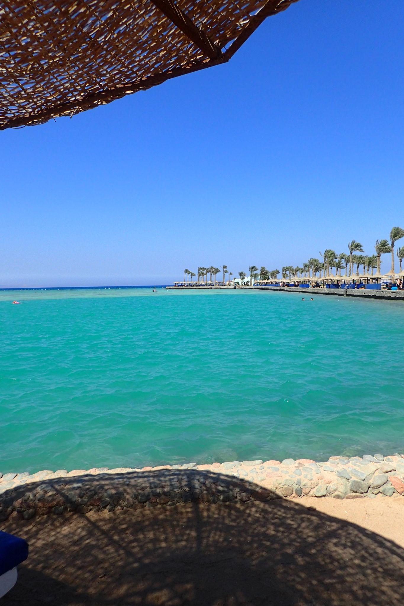 Calm turquoise Red Sea lagoon framed by a thatched shade and palm-lined beach resort