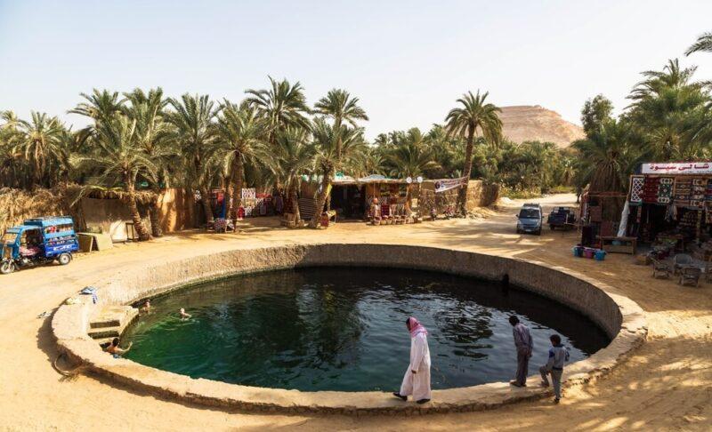Locals gather around a circular natural spring pool surrounded by palm trees and desert shops.