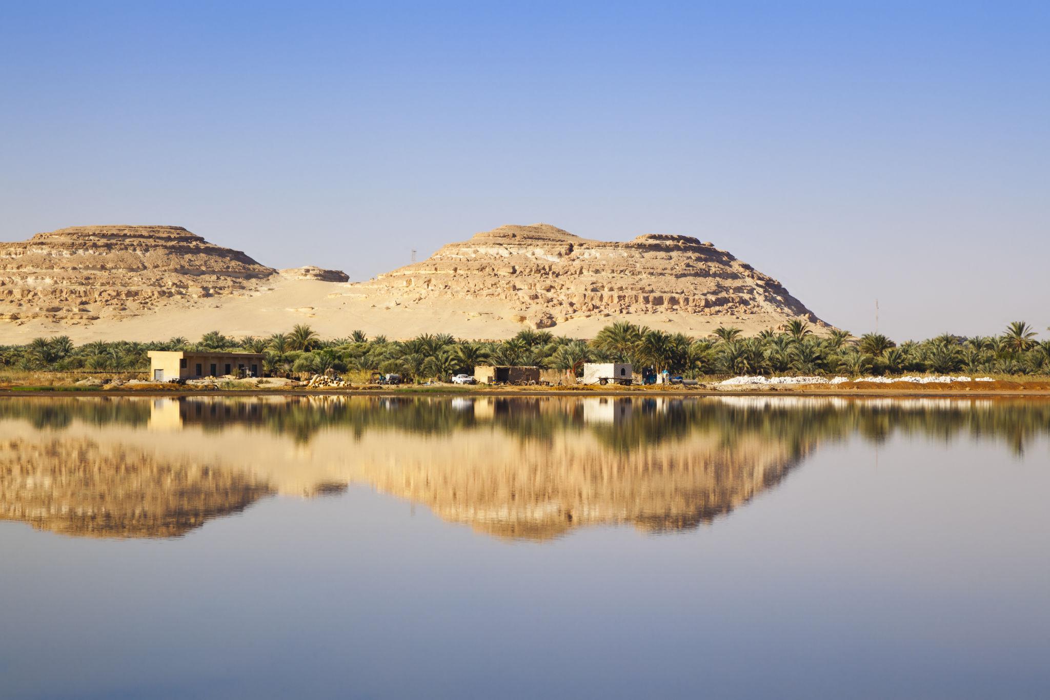 Calm salt lake mirrors rocky desert hills and palm trees under a clear blue sky in Siwa Oasis
