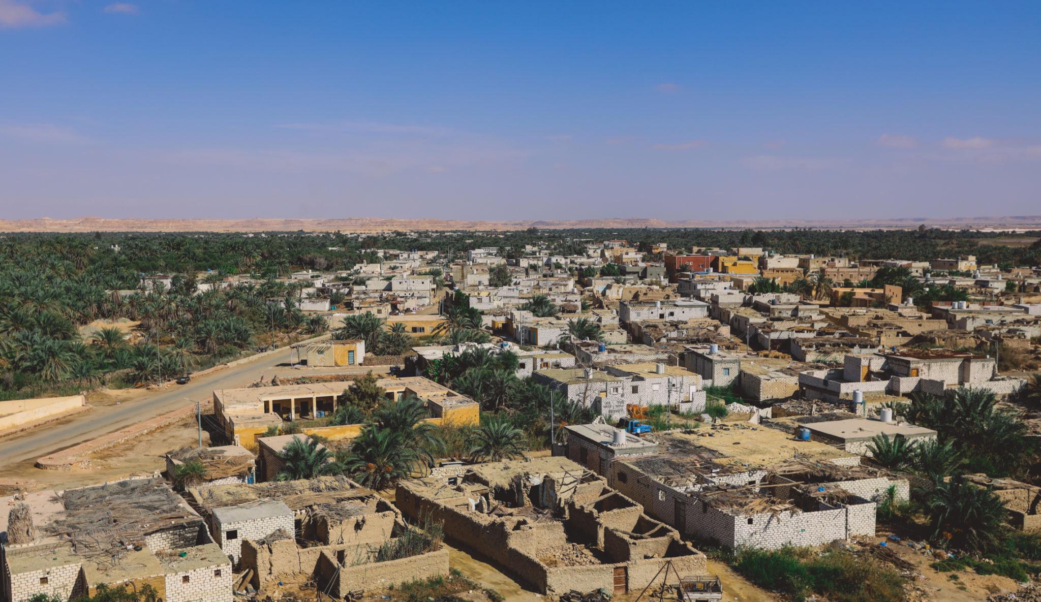 Aerial view of Siwa town rooftops and palm groves under desert hills