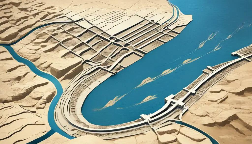 Stylized aerial illustration of Aswan High Dam structure across the Nile River