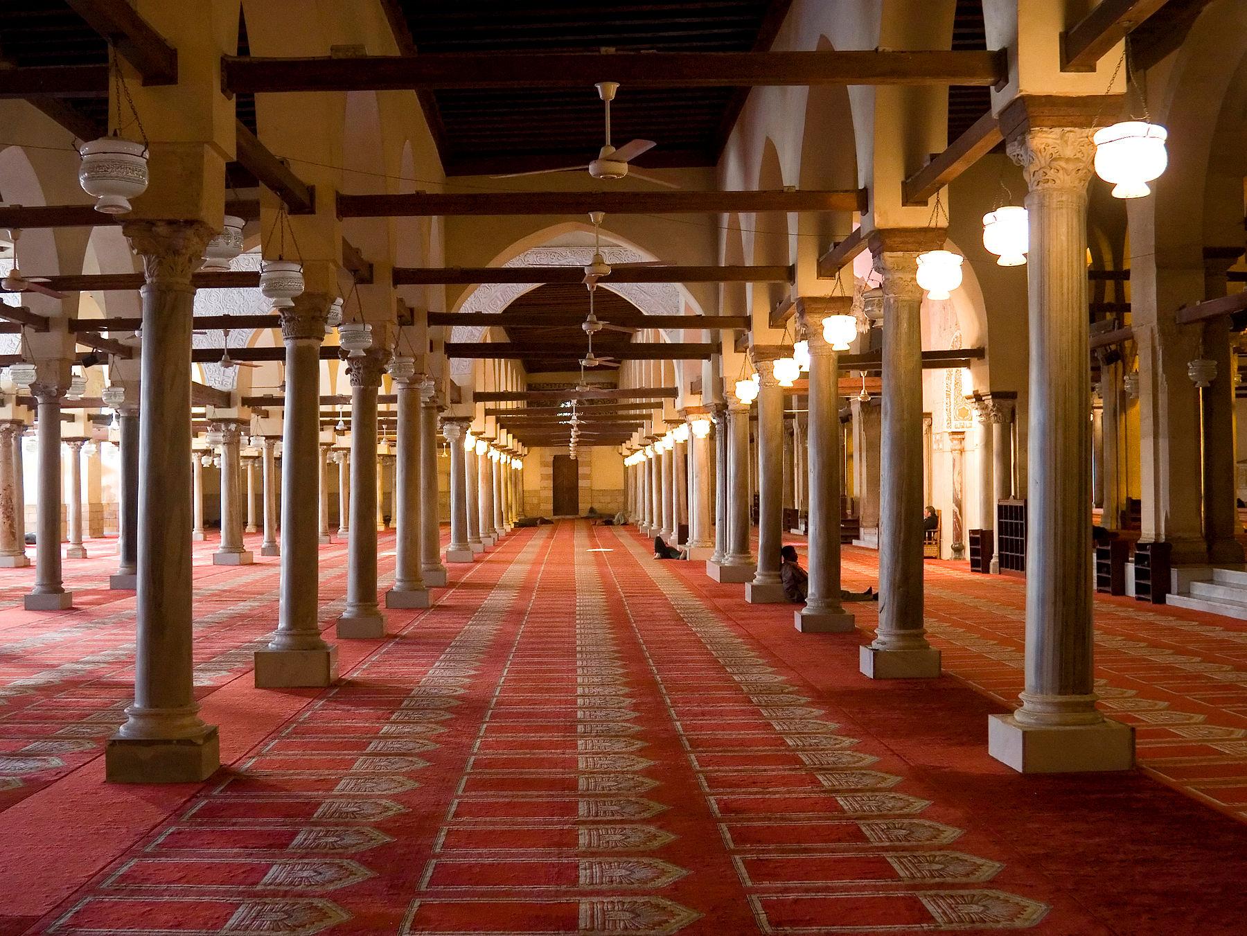 Red-carpeted columned prayer hall of the Al-Nasir Muhammad Mosque inside the Citadel