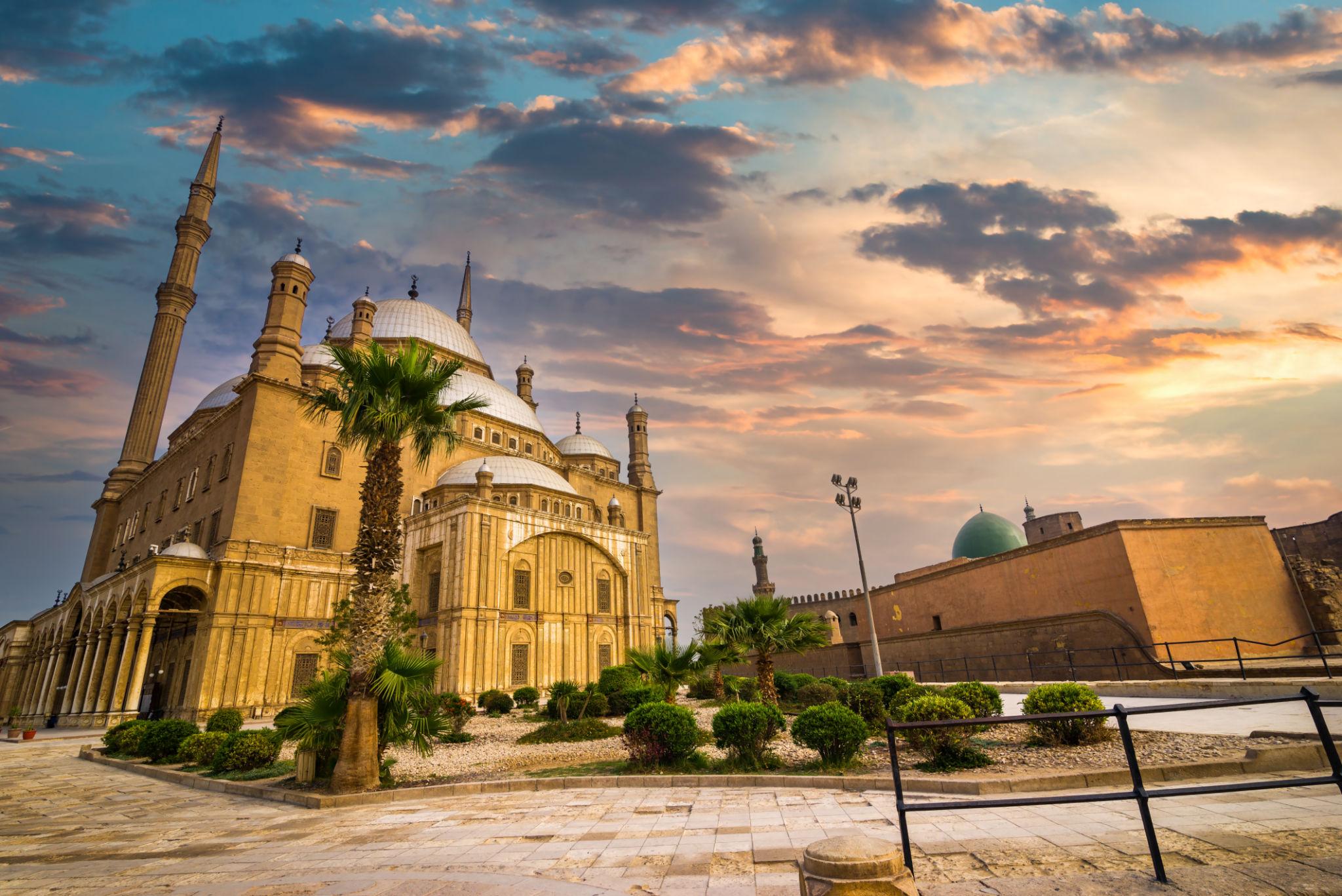 Muhammad Ali Alabaster Mosque at the Citadel of Saladin under a dramatic sunset sky
