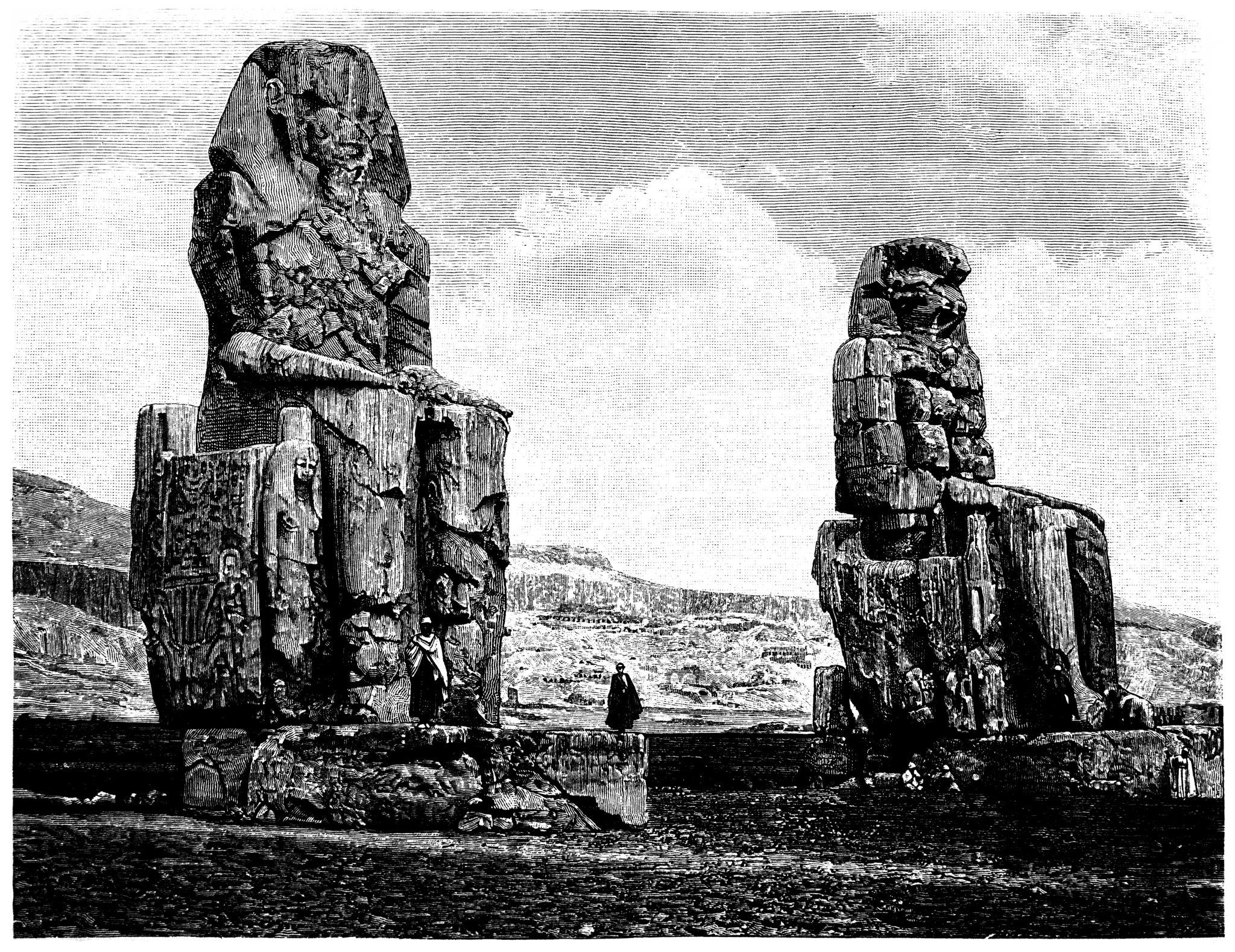 Historic black-and-white engraving of the Colossi of Memnon with figures for scale