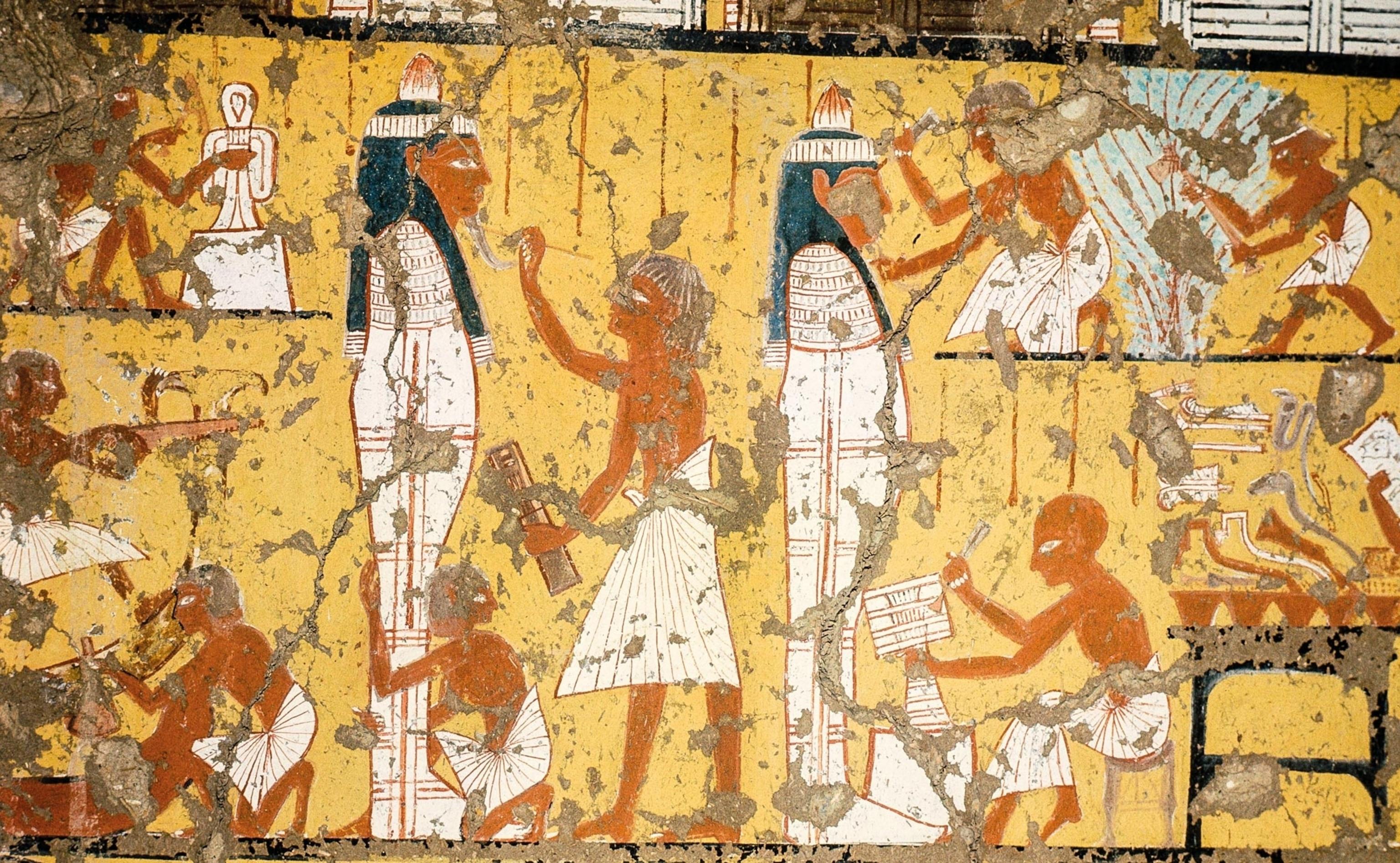 Fragmentary tomb fresco of Deir el-Medina artisans and mourners on ochre background with figures in white linen