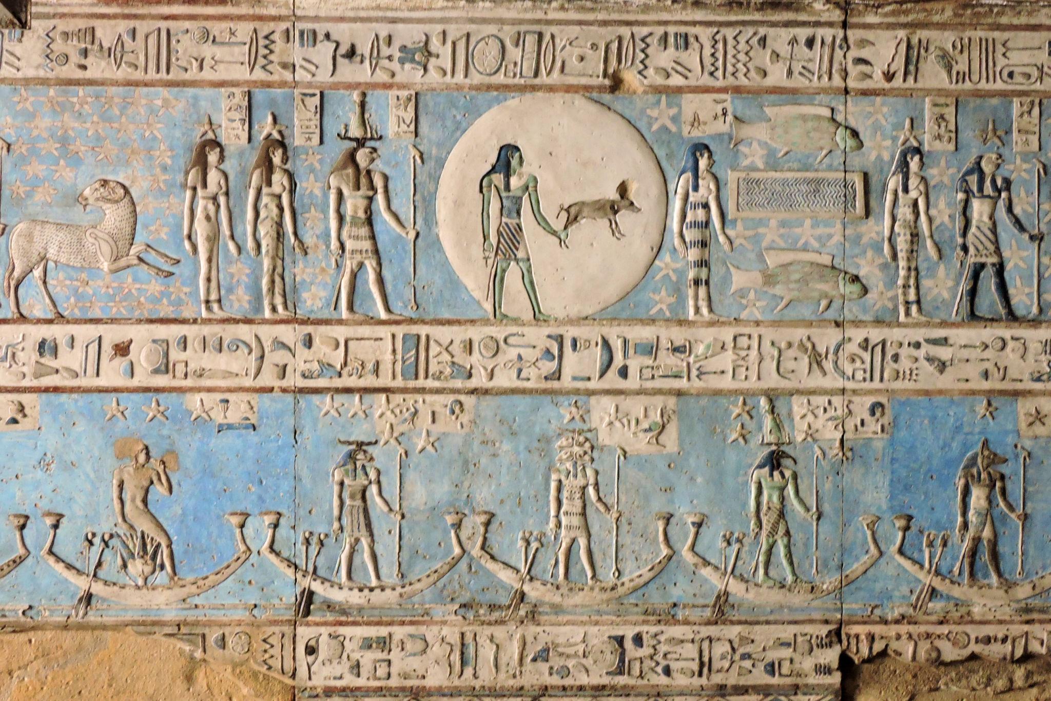 Astronomical relief depicting the lunar cycle with gods and boats at Dendera.
