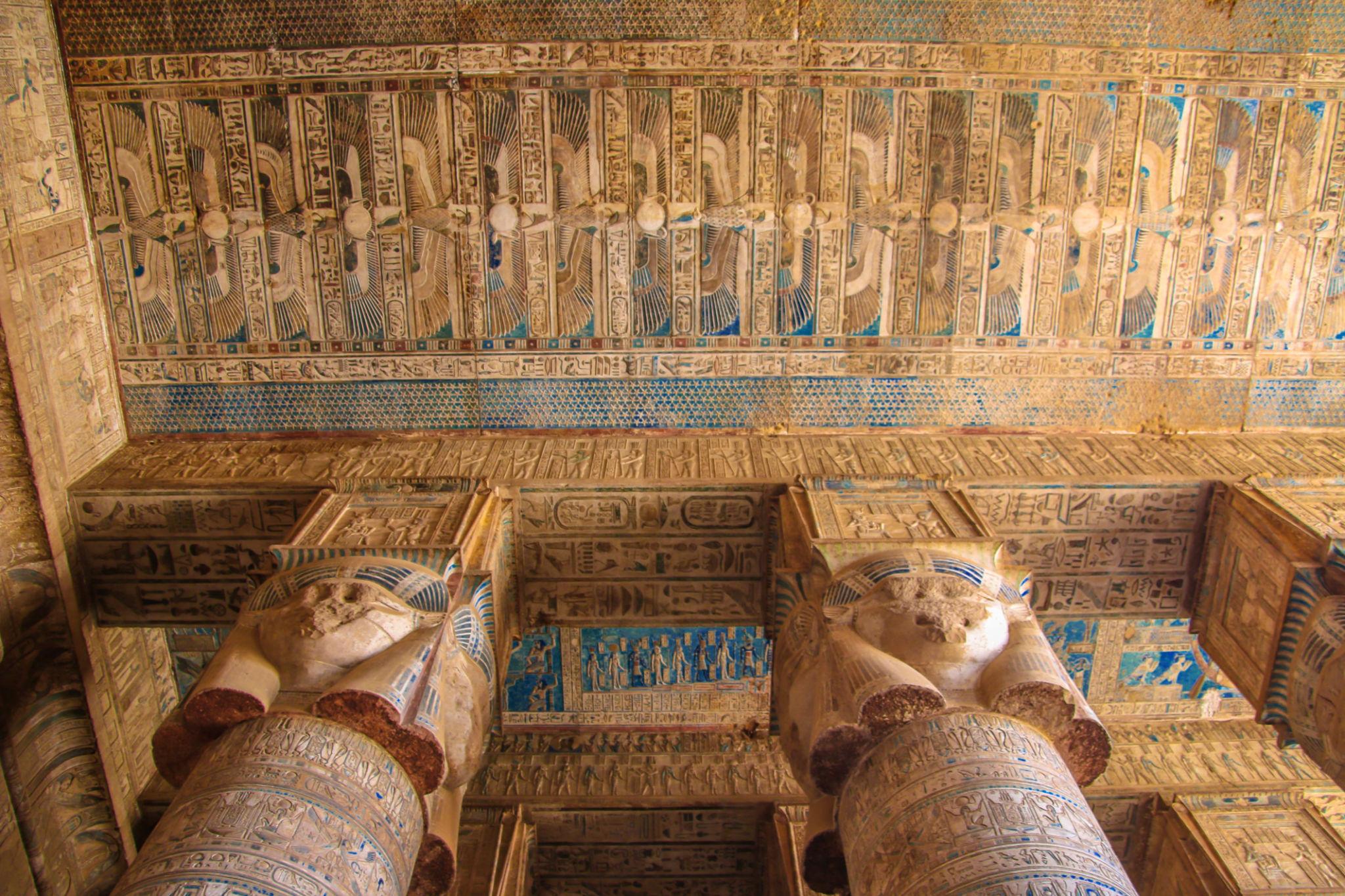 Ceiling frieze of the sky-goddess Nut and vultures between Hathor-capital columns.