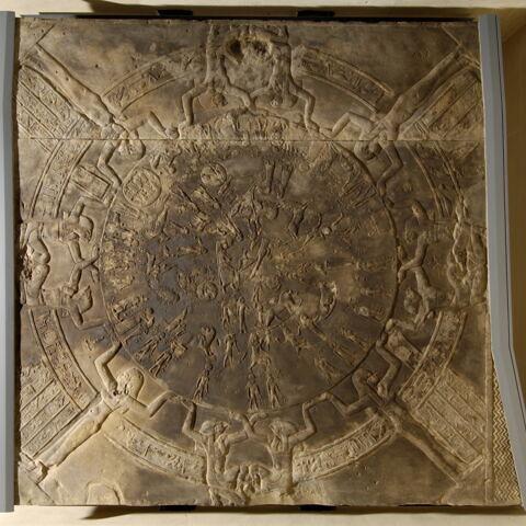 The circular Dendera Zodiac ceiling relief depicting constellations and celestial figures.