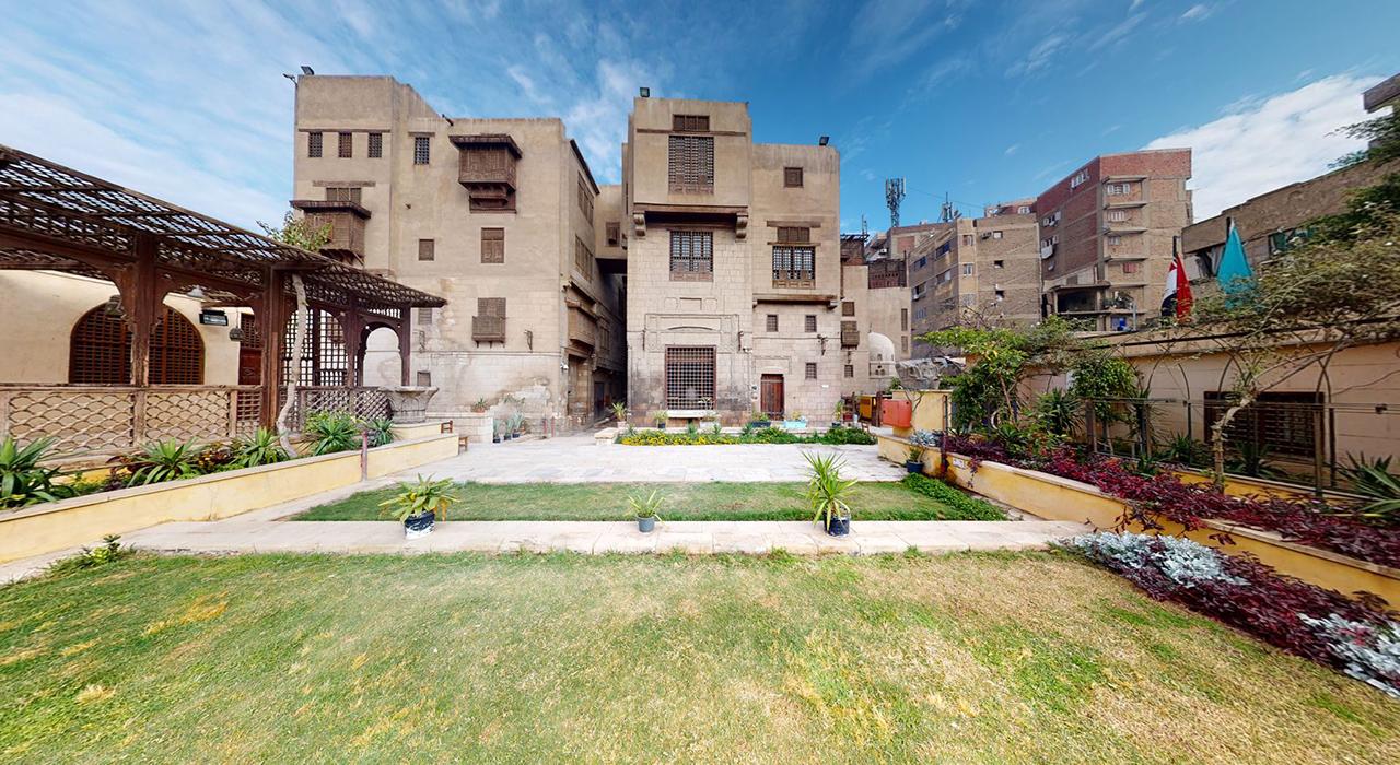 Exterior view of the two joined 17th-century houses and rear garden of Gayer-Anderson Museum in Cairo
