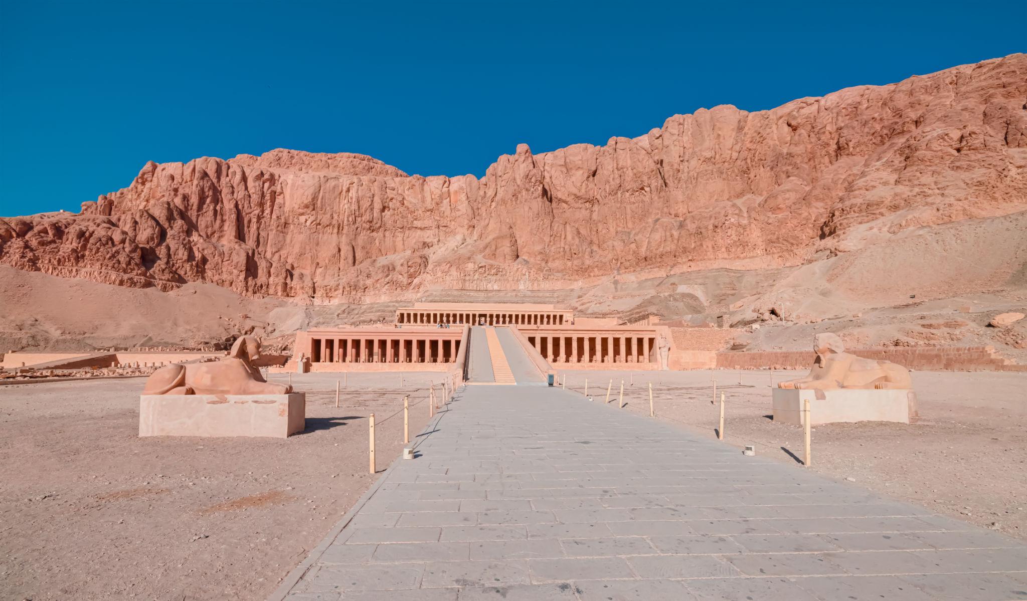 Long causeway and sphinxes leading to the terraced Hatshepsut Temple at Deir el-Bahari