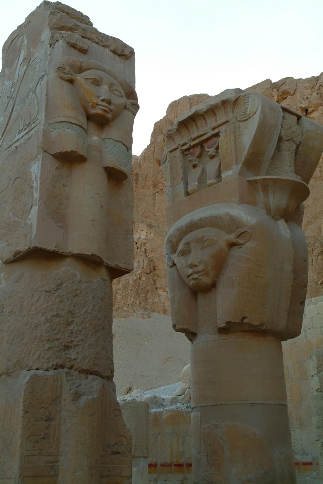 Carved Hathor-headed capitals on columns of the Hathor chapel at Hatshepsut Temple