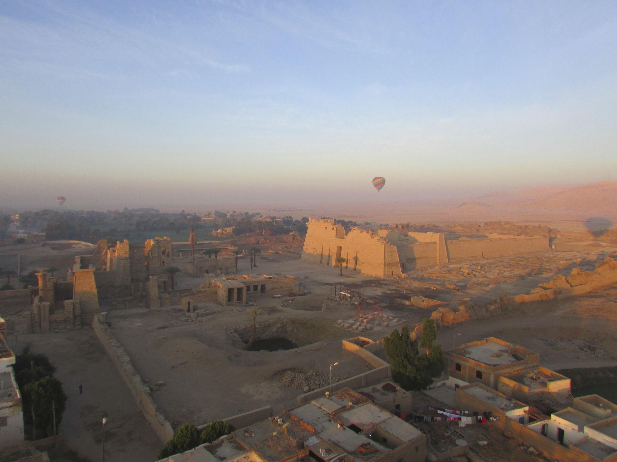 Aerial view of Medinet Habu temple and surrounding village from a Luxor balloon