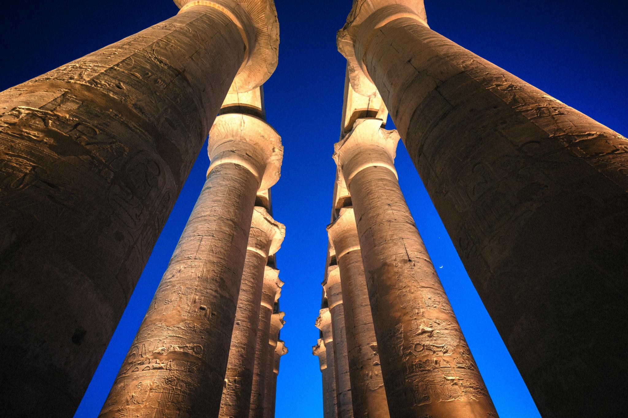 Upward view of towering papyrus columns against deep blue evening sky.
