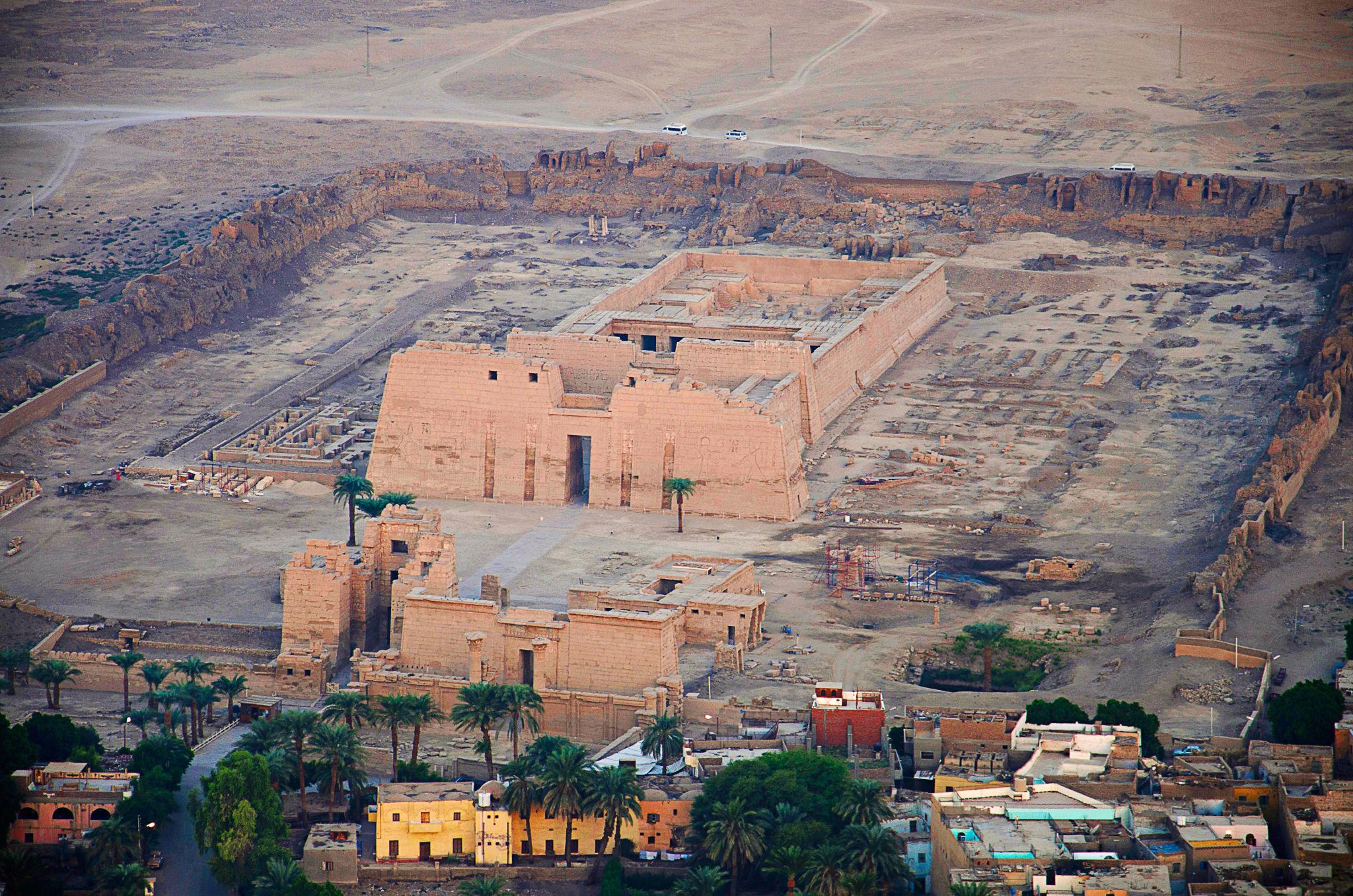 Aerial view of the walled Medinet Habu temple complex on Luxor's west bank.