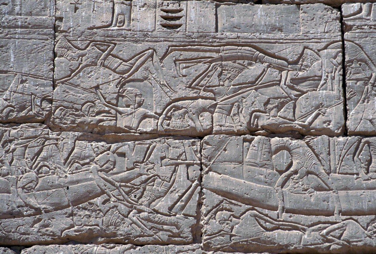 Iconic Sea Peoples naval battle relief carved on the walls of Medinet Habu.