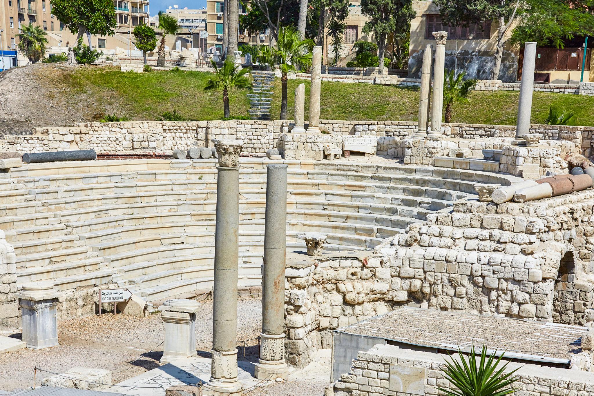 Side view of the Roman amphitheatre tiered marble seating with standing columns, Alexandria