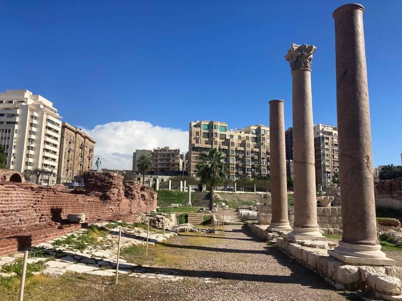 Corinthian columns and red-brick ruins of Kom el-Dikka archaeological site in Alexandria