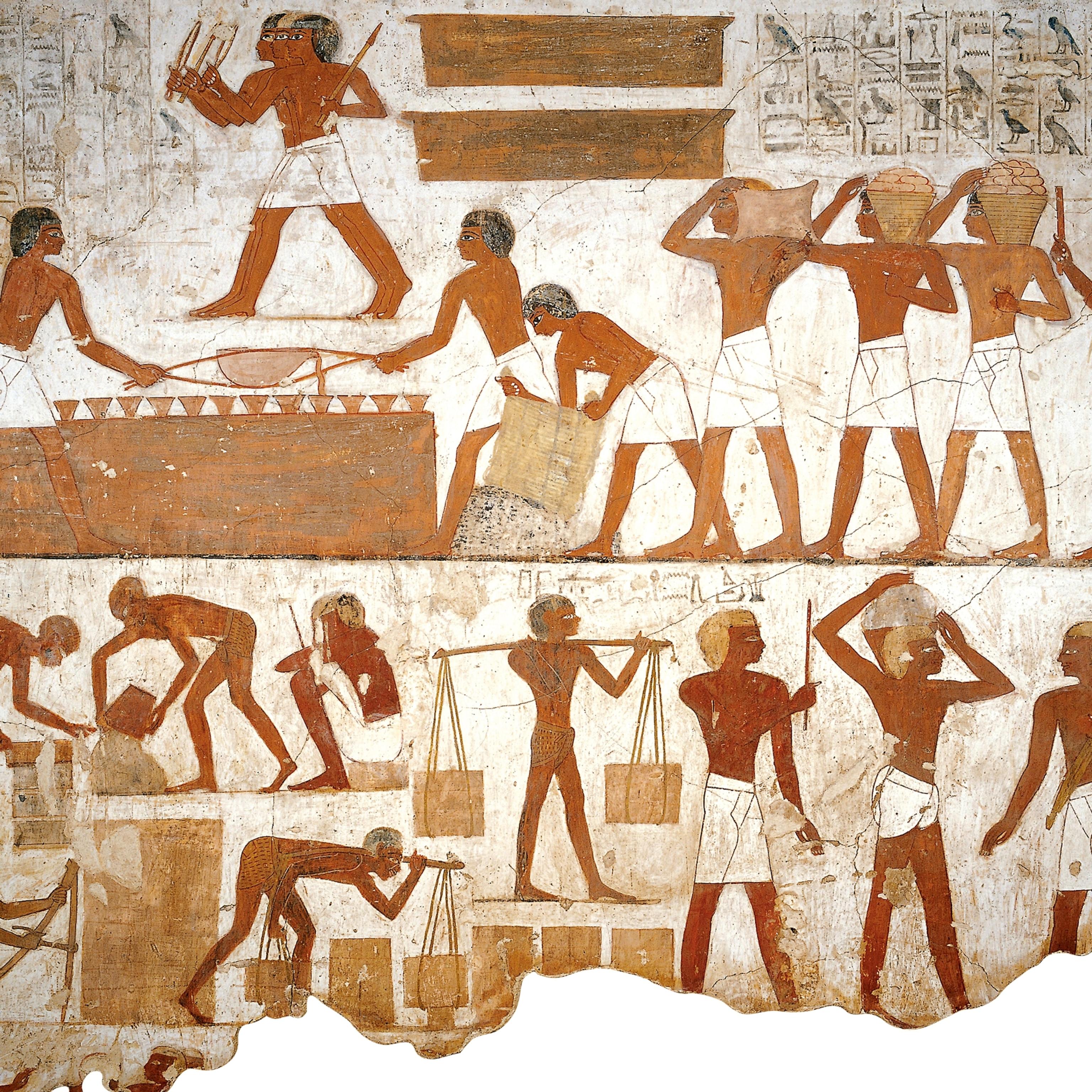 Daily-life mural of brickmakers and labourers hauling loads for construction.