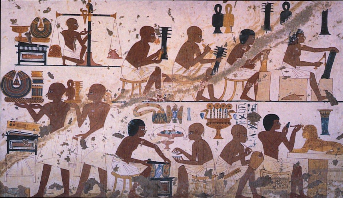 Daily-life mural of craftsmen weighing gold and making jewellery in a workshop.