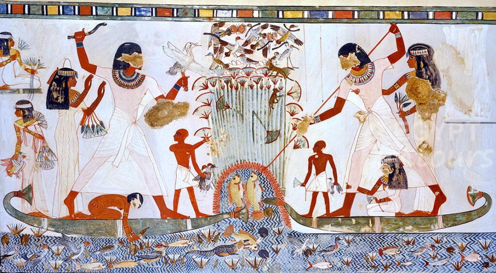 Famous Nebamun-style fowling scene with nobles hunting birds in the marshes.