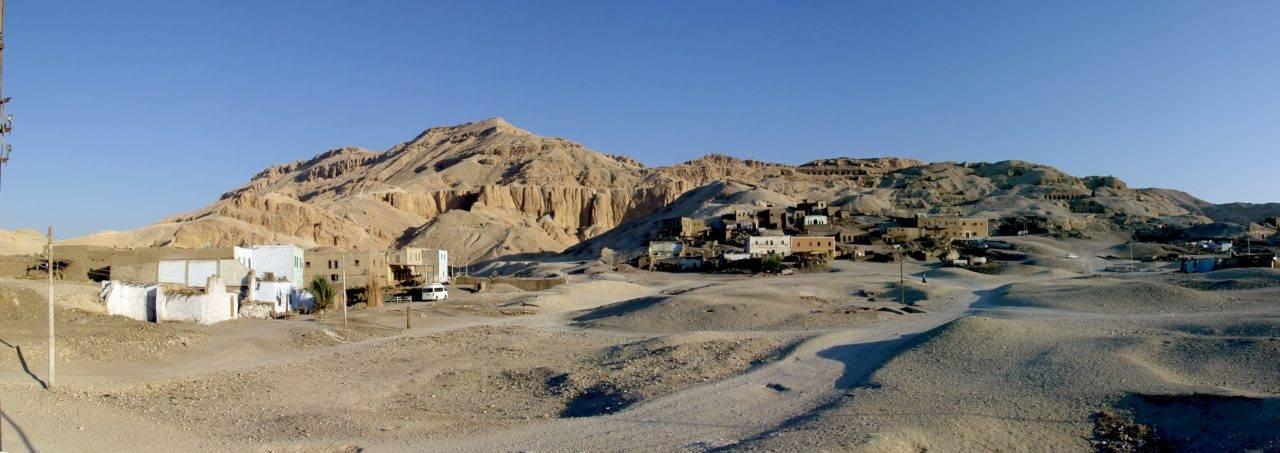 Panorama of the Qurna hillside village set among the Tombs of the Nobles.
