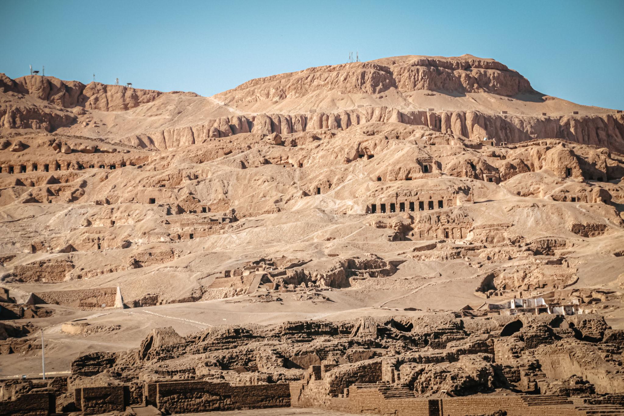 Qurna hillside dotted with rock-cut tombs of the Theban nobles.