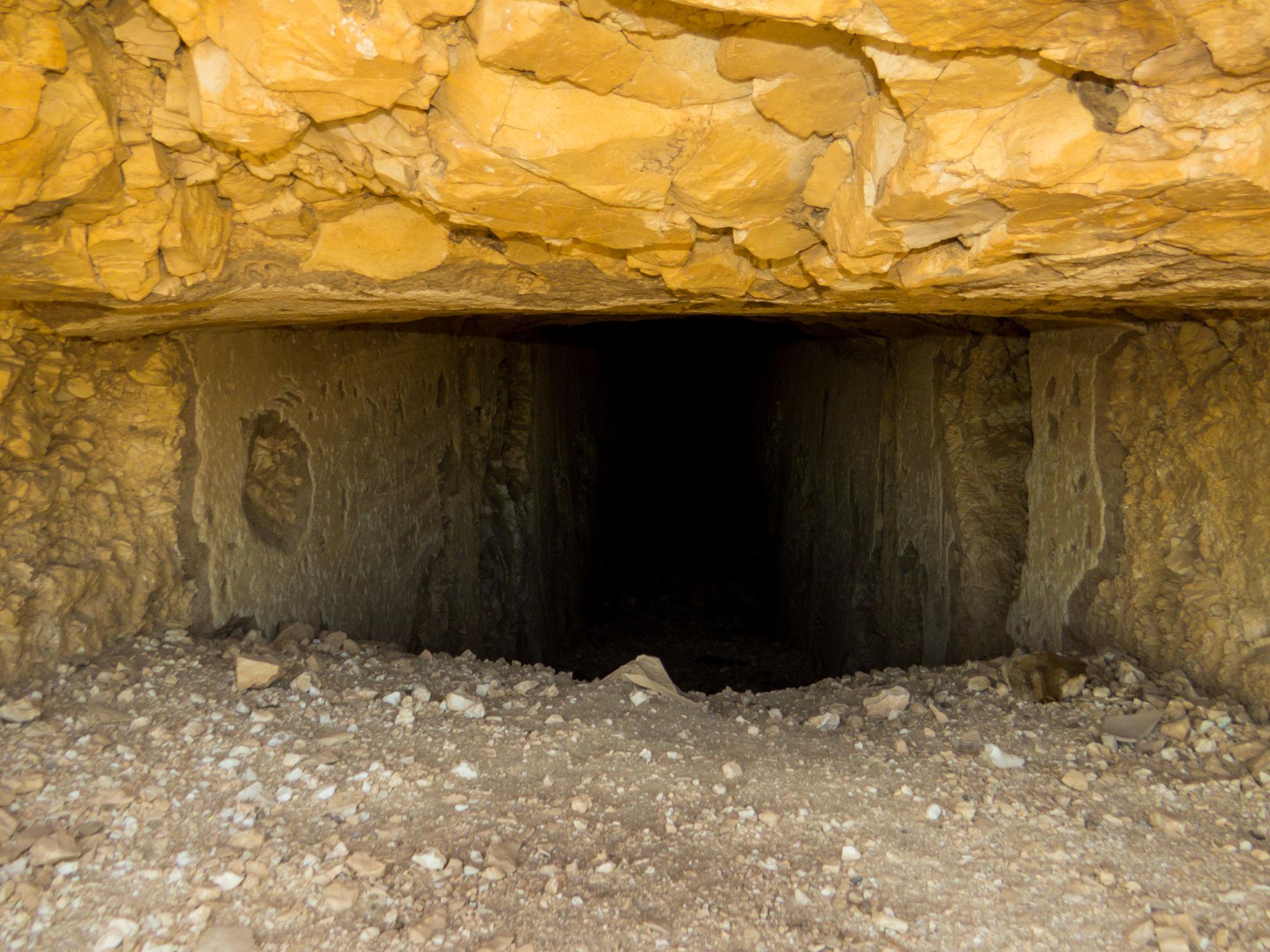 Looking into a rough rock-cut tomb entrance carved into yellow limestone.