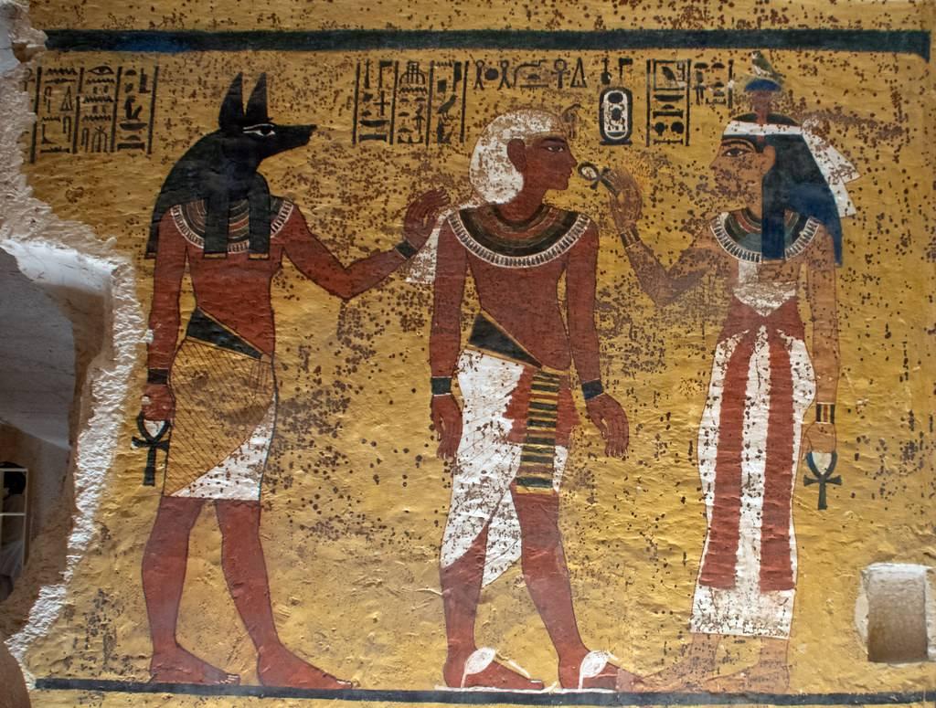 Wall painting of Anubis, Tutankhamun and Hathor from the tomb of King Tut (KV62).