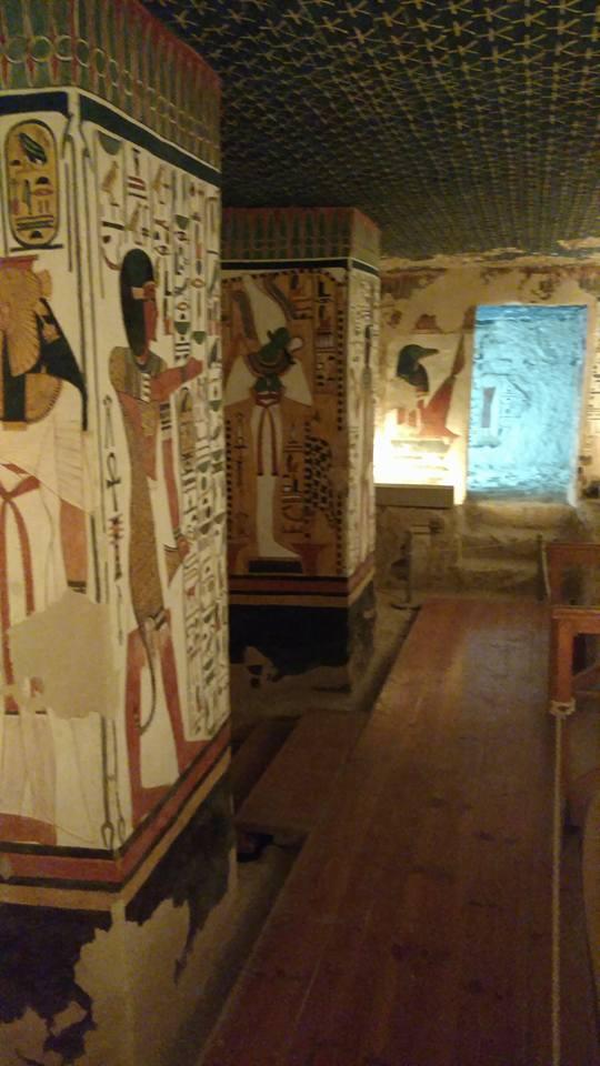 Painted pillars in Nefertari's burial hall leading to a side chamber.