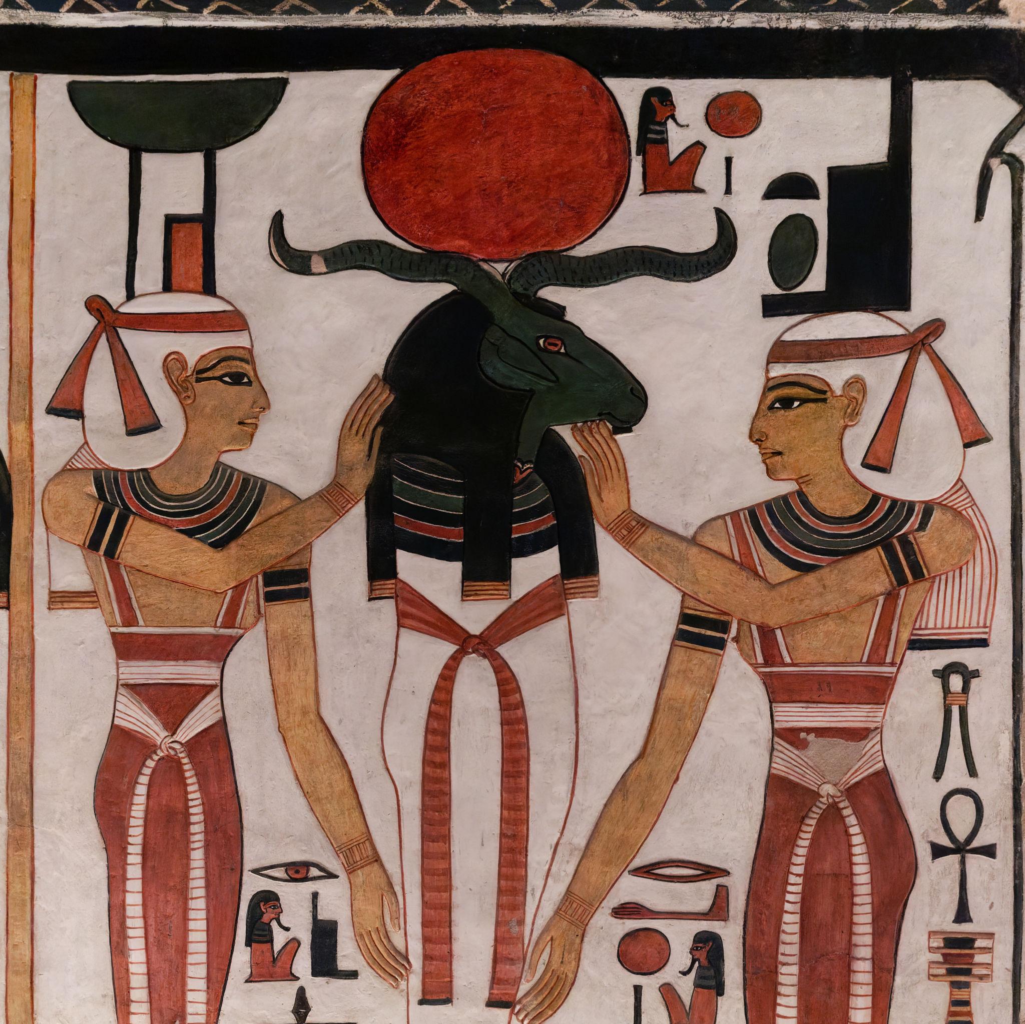 Ram-headed solar deity flanked by two goddesses representing the union of Ra and Osiris.
